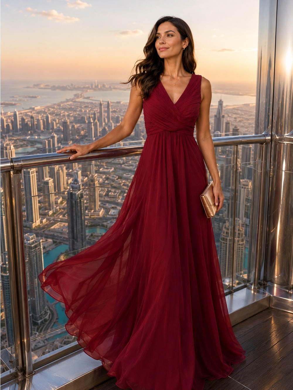 NWOT V-Neck Dark Rose Chiffon Maxi Dress